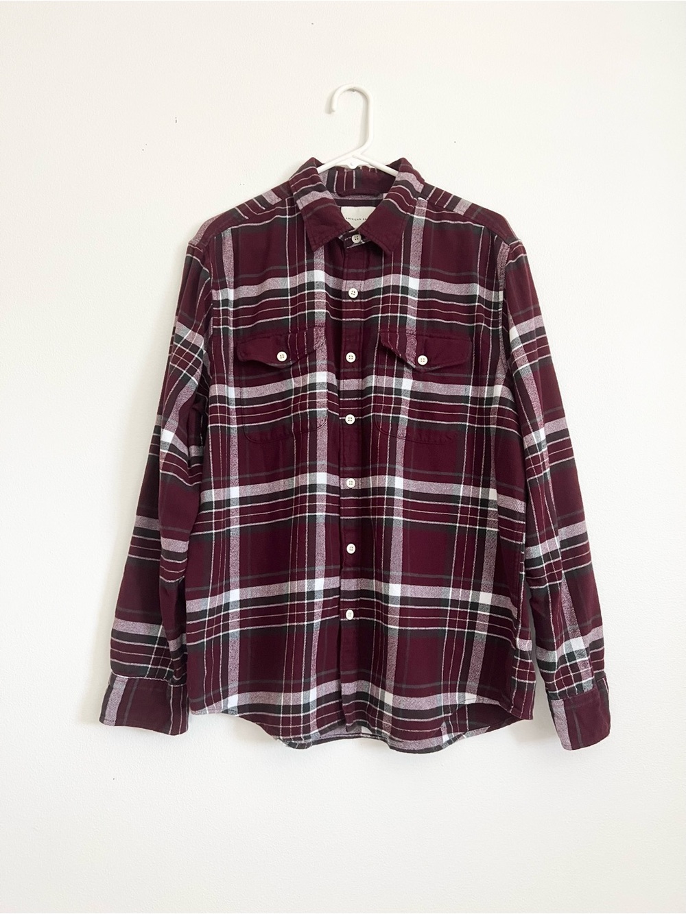 American Eagle Burgundy Plaid Flannel Super Soft Button Up Long Sleeve Gorpcore